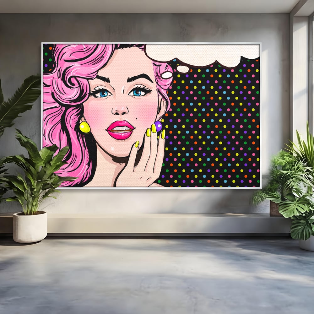 Tablou canvas cu ilustratie pop art cu femeie, in rama de aluminiu argintiu
